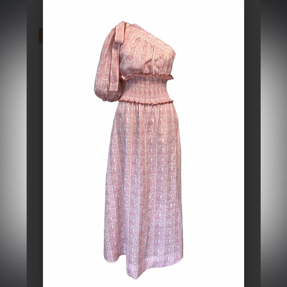 Lug Von Siga Glory Linen One-Shoulder Smocked Waist Midi Dress EUC NO FLAWS - Picture 3 of 6